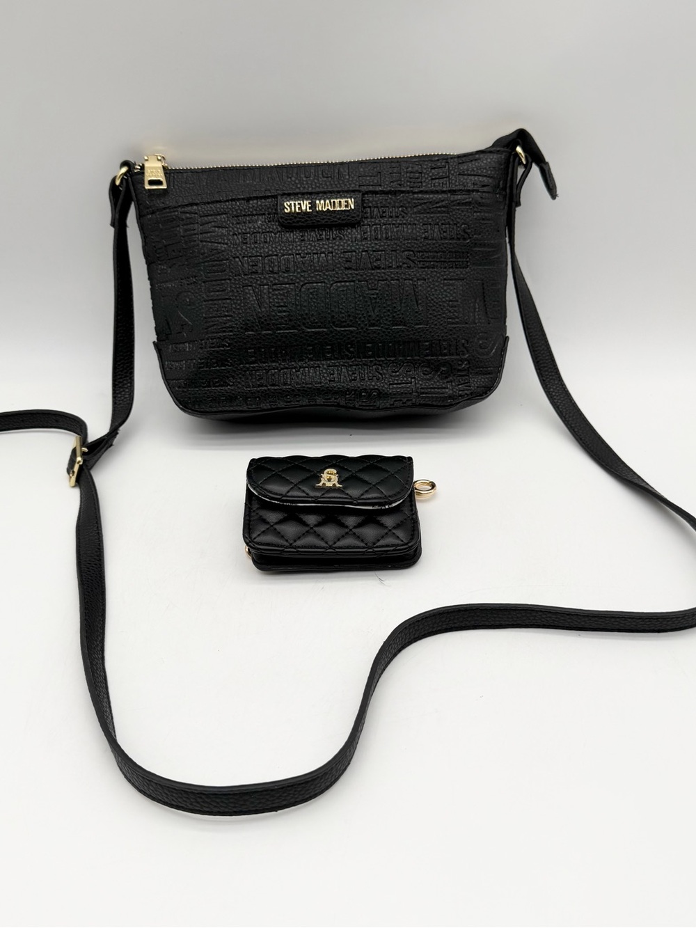 Steve Madden Crossbody Bag & Wrist Mini Wallet Logo Embossed Black Gold